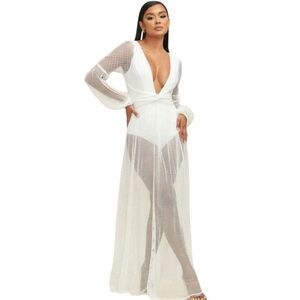 LUXXEL You Adore Nwt White  Longsleeve Mesh Skirt/Sleeves Resortwear Bodysuit